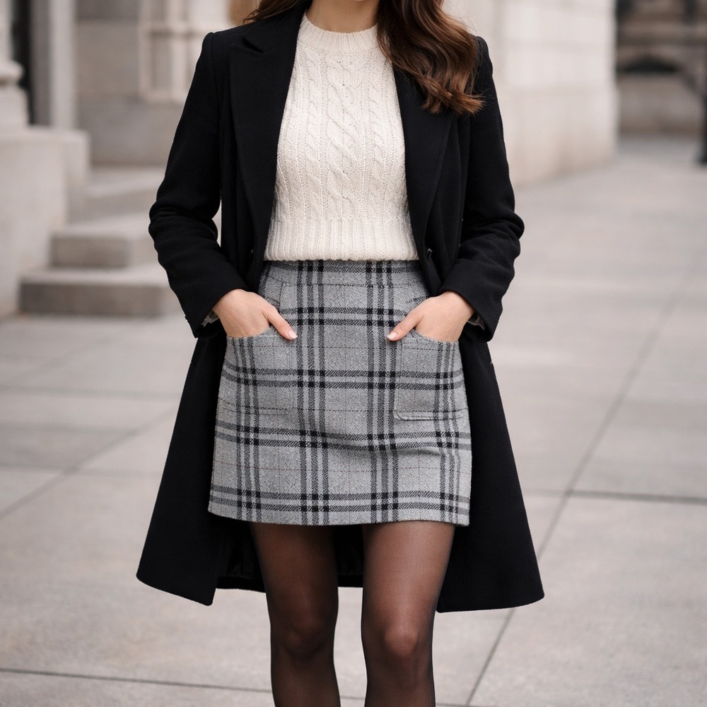 J.Crew Grey Black Plaid Mini Skirt Size 6 Herringbone Preppy